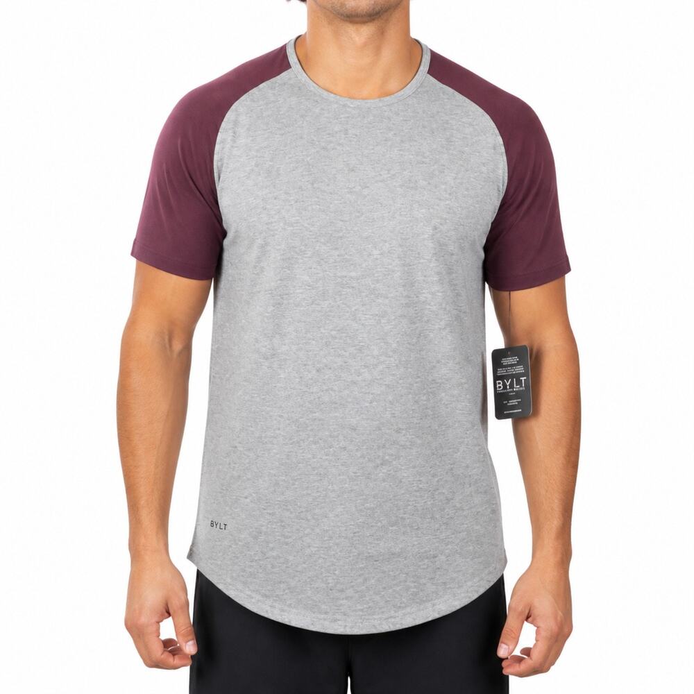 NEW BYLT Drop Cut Baseball Lux Shirt Mens Small Gray Maroon Soft Athletic Fit